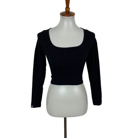 OQQ Black Crop Top Small Long Sleeve Stretch Y2K Sexy Clubwear Basic - Picture 1 of 4